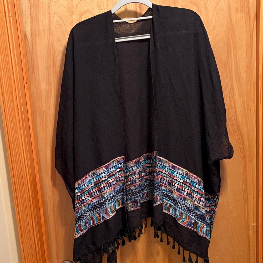 Black Open Front Kimono with Multicolor Embroidered Hem